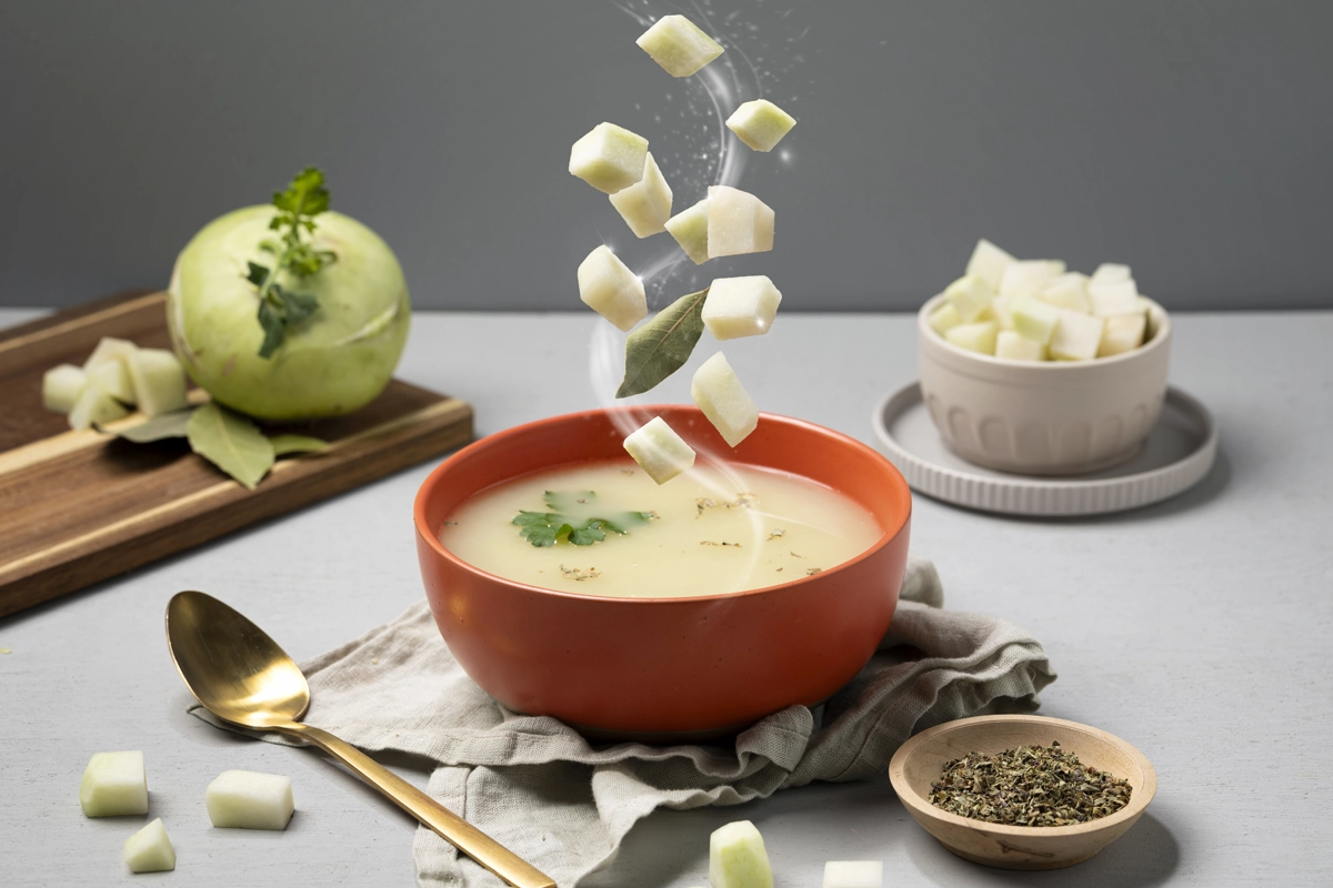 Cremige Kohlrabisuppe in einer Schüssel, fein püriert und hell